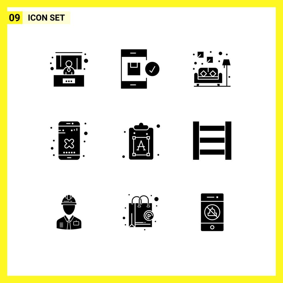 Pack of 9 Modern Solid Glyphs Signs and Symbols for Web Print Media such as font creative couch app cross Editable Vector Design Elements