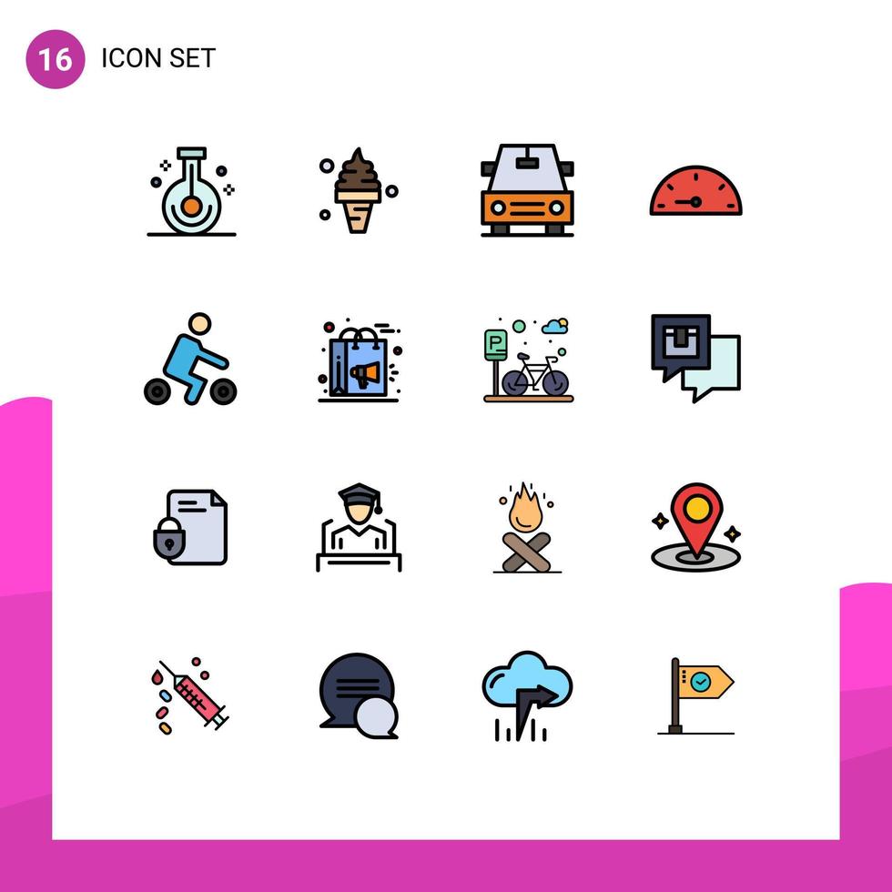 Set of 16 Commercial Flat Color Filled Lines pack for sport bicycle ice performance dash Editable Creative Vector Design Elements