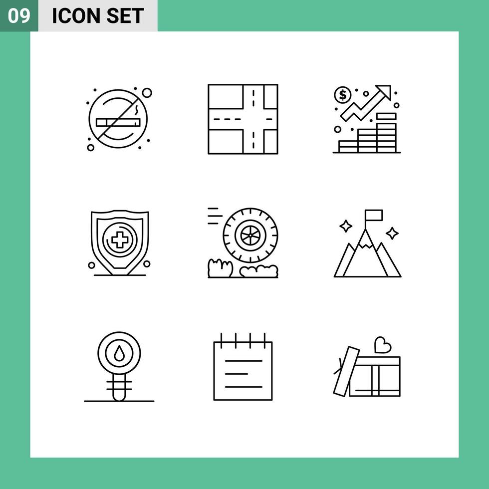 Pictogram Set of 9 Simple Outlines of flag wheel management motion security Editable Vector Design Elements