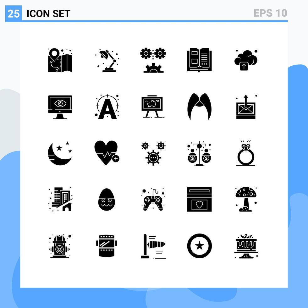 Universal Icon Symbols Group of 25 Modern Solid Glyphs of upload reading engineering knowledge book Editable Vector Design Elements