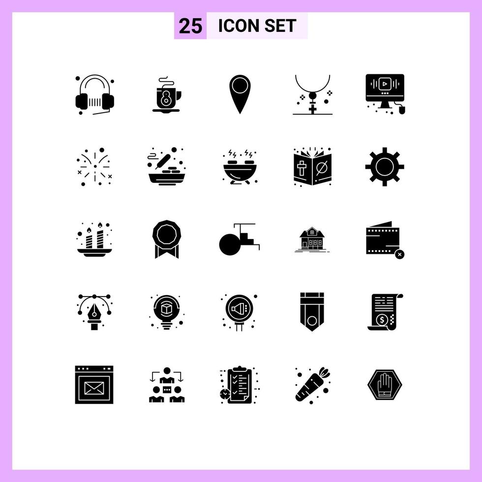 Pack of 25 Modern Solid Glyphs Signs and Symbols for Web Print Media such as online video guitar necklace halloween Editable Vector Design Elements