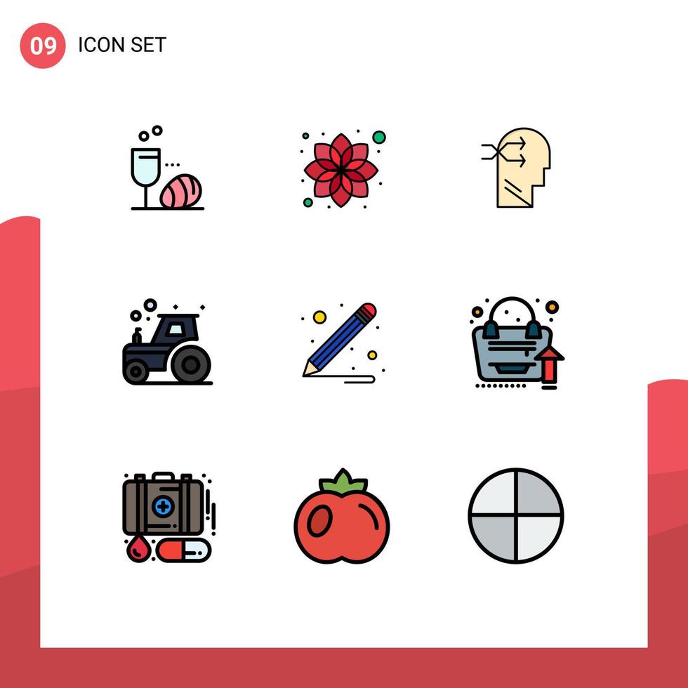 Pack of 9 creative Filledline Flat Colors of school supplies tractor mental chang farming agriculture Editable Vector Design Elements