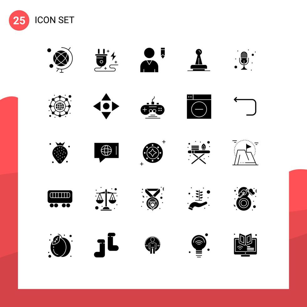 Mobile Interface Solid Glyph Set of 25 Pictograms of mic rubber profile mark authority Editable Vector Design Elements