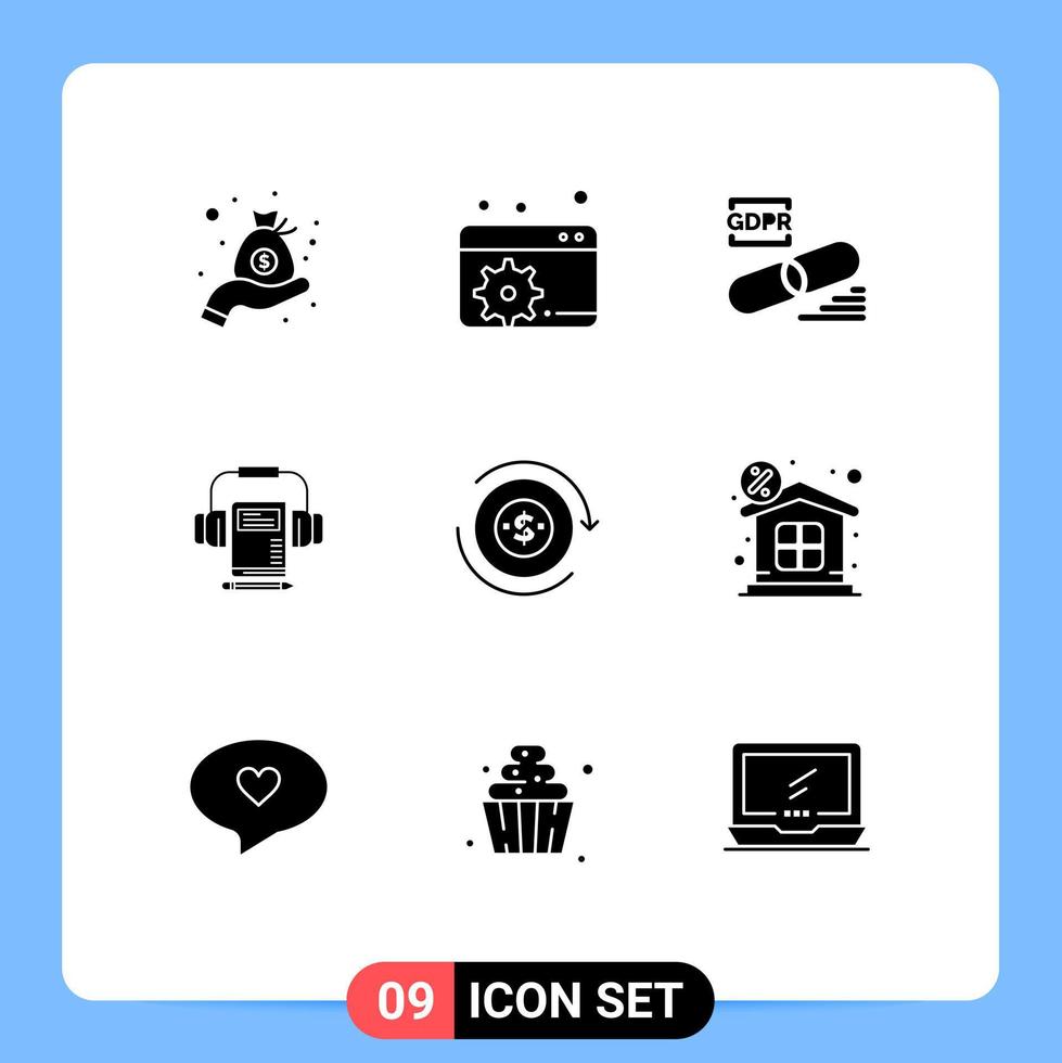 Set of 9 Commercial Solid Glyphs pack for flow book gdpr headphone music Editable Vector Design Elements