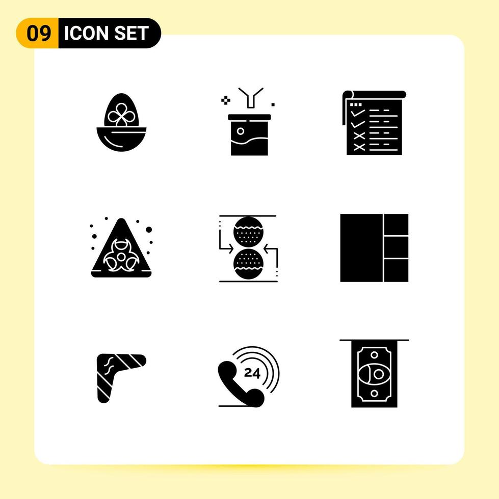 paquete de 9 signos y símbolos de glifos sólidos modernos para medios de impresión web, como el embudo biológico de concentración, informe de riesgo biológico, elementos de diseño de vectores editables