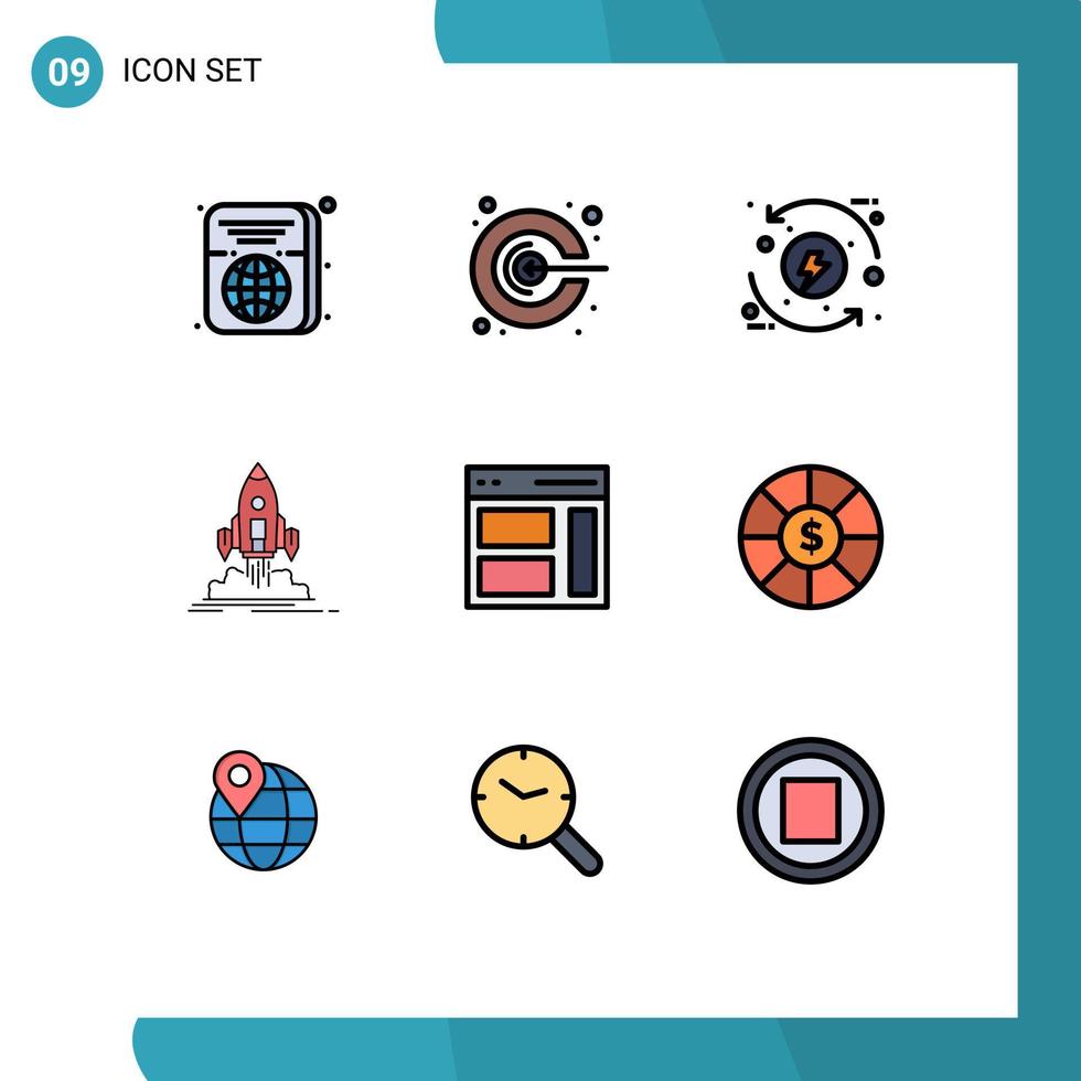 Pictogram Set of 9 Simple Filledline Flat Colors of publish shuttle process mission energy Editable Vector Design Elements