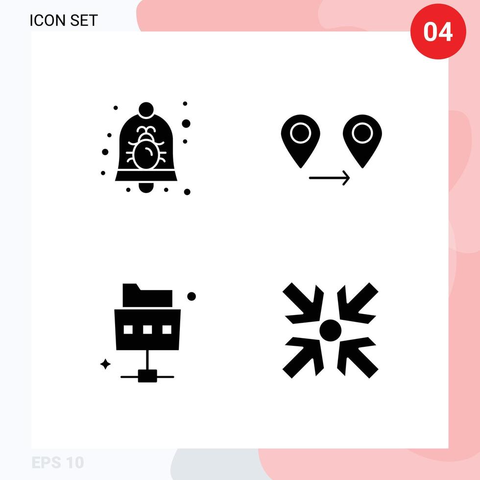 Set of 4 Commercial Solid Glyphs pack for bug file notification location arrows Editable Vector Design Elements