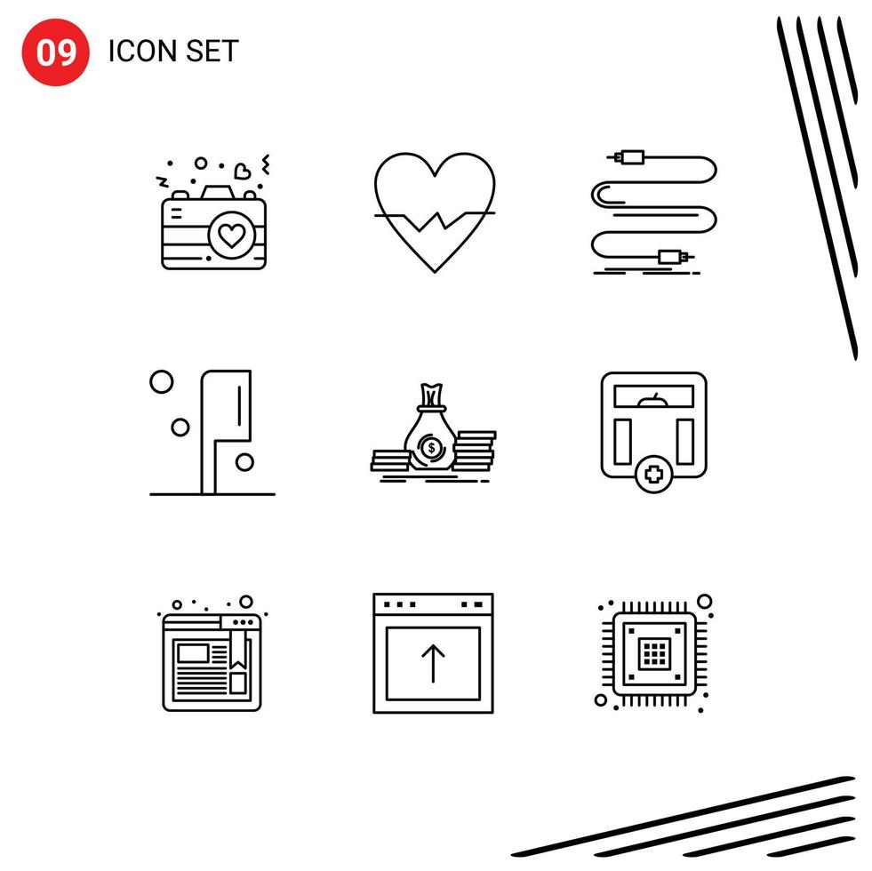 Group of 9 Outlines Signs and Symbols for bag knife audio preparation wire Editable Vector Design Elements