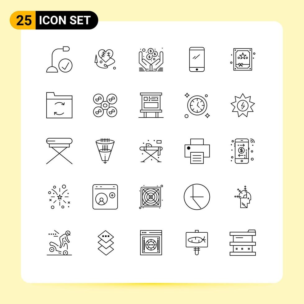 25 símbolos de signos de línea universal de elementos de diseño de vector editables de teléfono móvil de dólar android de regalo