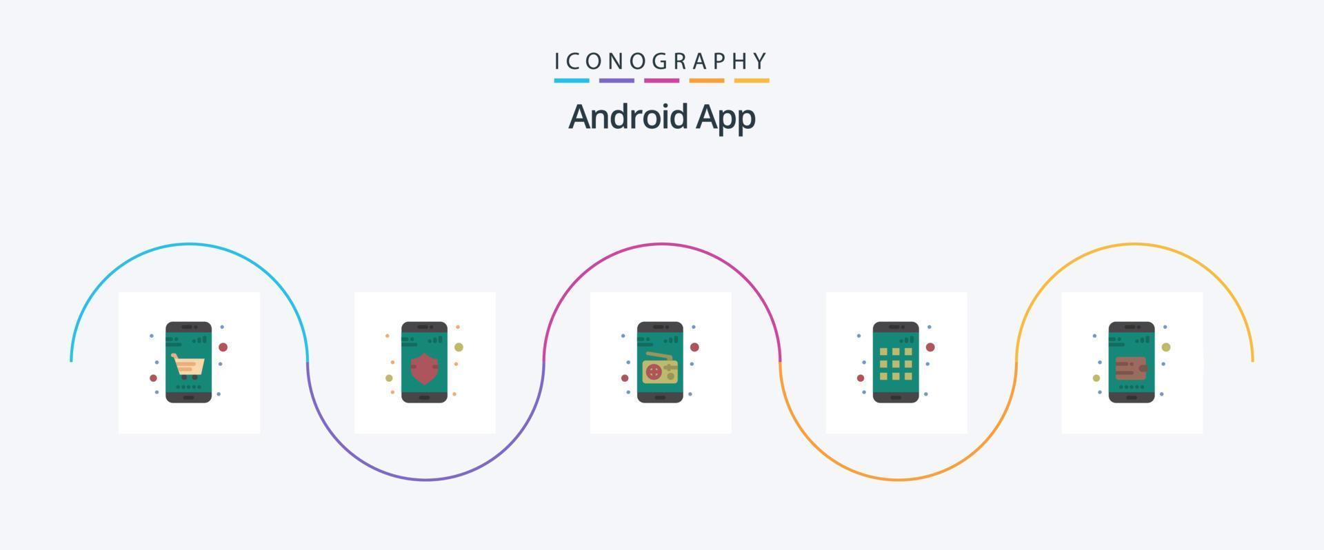 Android App Flat 5 Icon Pack Including . purse. media. online wallet. smartphone vector