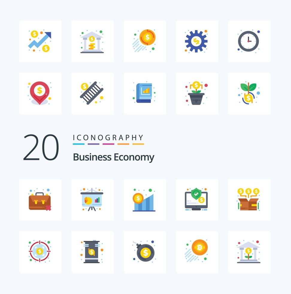 paquete de iconos de color plano de 20 economías como gráfico de monitor de finanzas en línea de seguridad vector