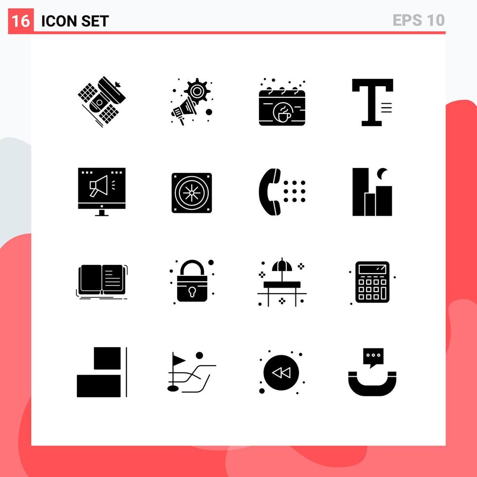 grupo de 16 signos y símbolos de glifos sólidos para la configuración de escritura de anuncios elementos de diseño de vectores editables de taza de texto