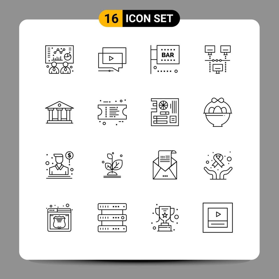 Modern Set of 16 Outlines and symbols such as bank sharing bar internet science and computing Editable Vector Design Elements