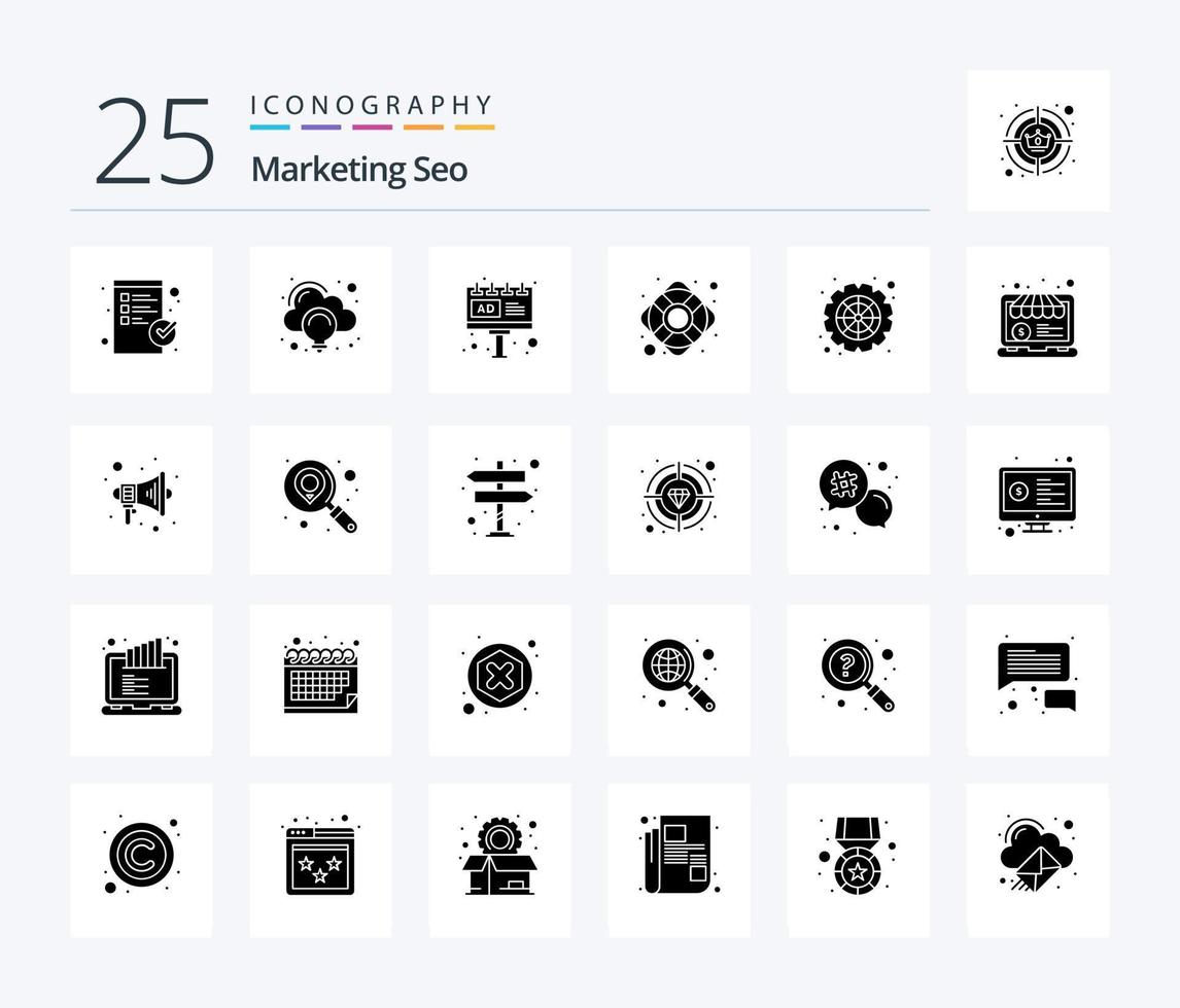 Marketing Seo 25 Solid Glyph icon pack including settings. cog wheel. advertisement. support. help vector