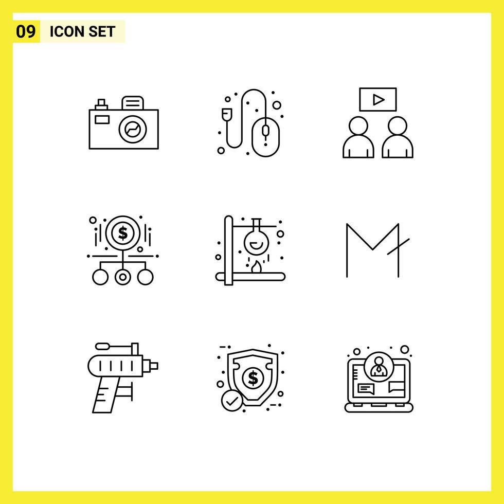Pictogram Set of 9 Simple Outlines of heat chemical watch product money Editable Vector Design Elements