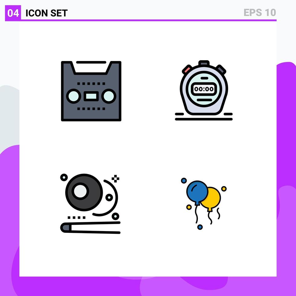 4 Thematic Vector Filledline Flat Colors and Editable Symbols of audio snooker tape watch balloons Editable Vector Design Elements
