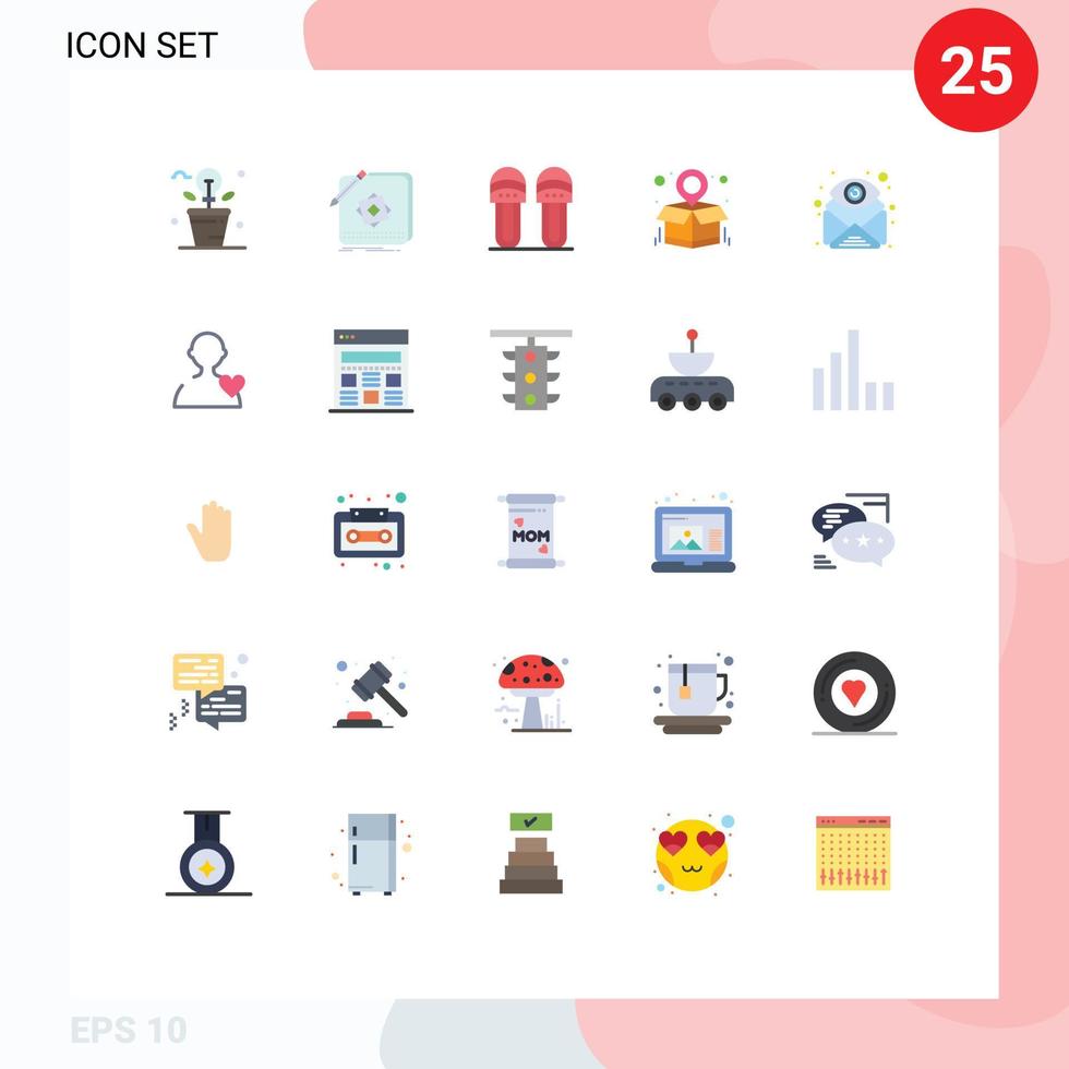 Modern Set of 25 Flat Colors Pictograph of attachment parcel destination application package map footwear Editable Vector Design Elements