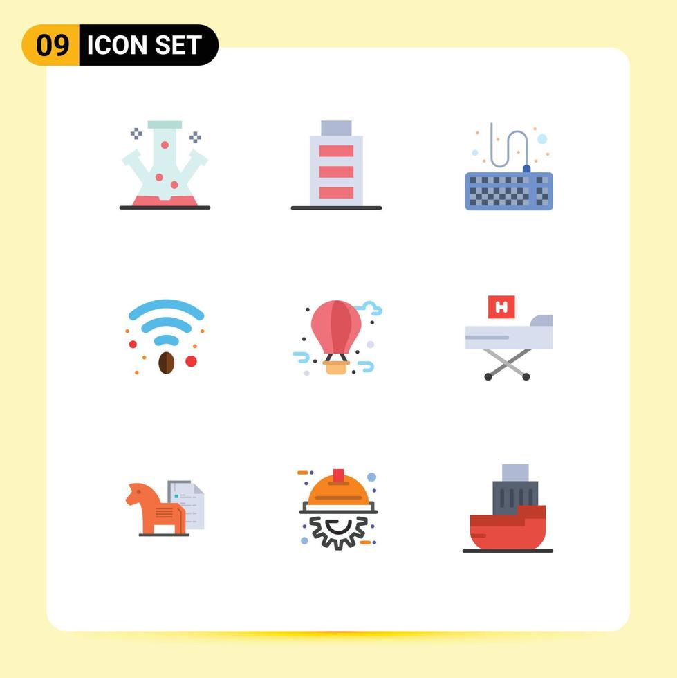 9 User Interface Flat Color Pack of modern Signs and Symbols of fly balloon air balloon attach wifi cafe Editable Vector Design Elements