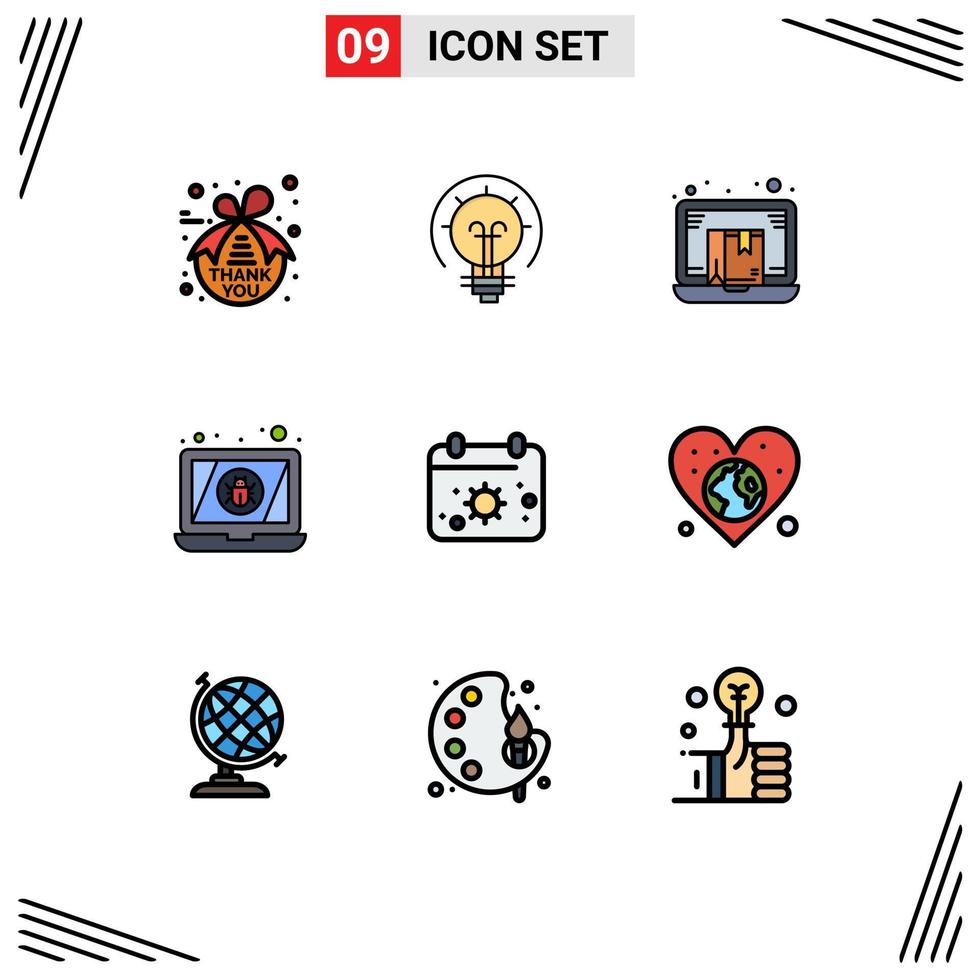 Group of 9 Modern Filledline Flat Colors Set for virus device box bug laptop Editable Vector Design Elements
