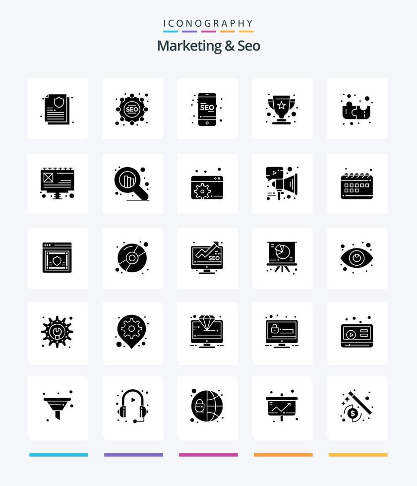 Creative Marketing And Seo 25 Glyph Solid Black icon pack  Such As ad. puzzle. marketing. education. winner vector