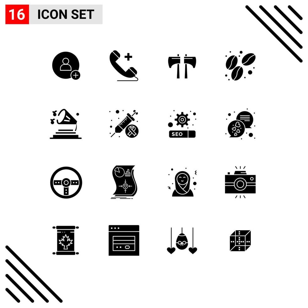 Set of 16 Commercial Solid Glyphs pack for volume sound chop music coffee Editable Vector Design Elements