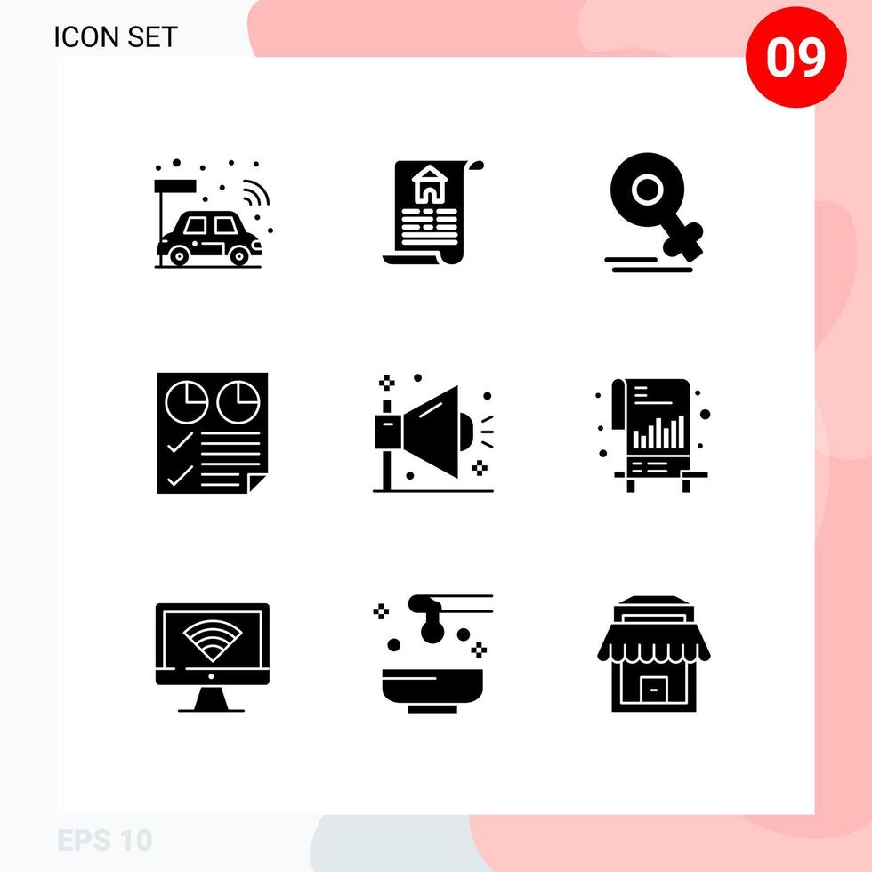 9 Thematic Vector Solid Glyphs and Editable Symbols of marketing two gander report document Editable Vector Design Elements