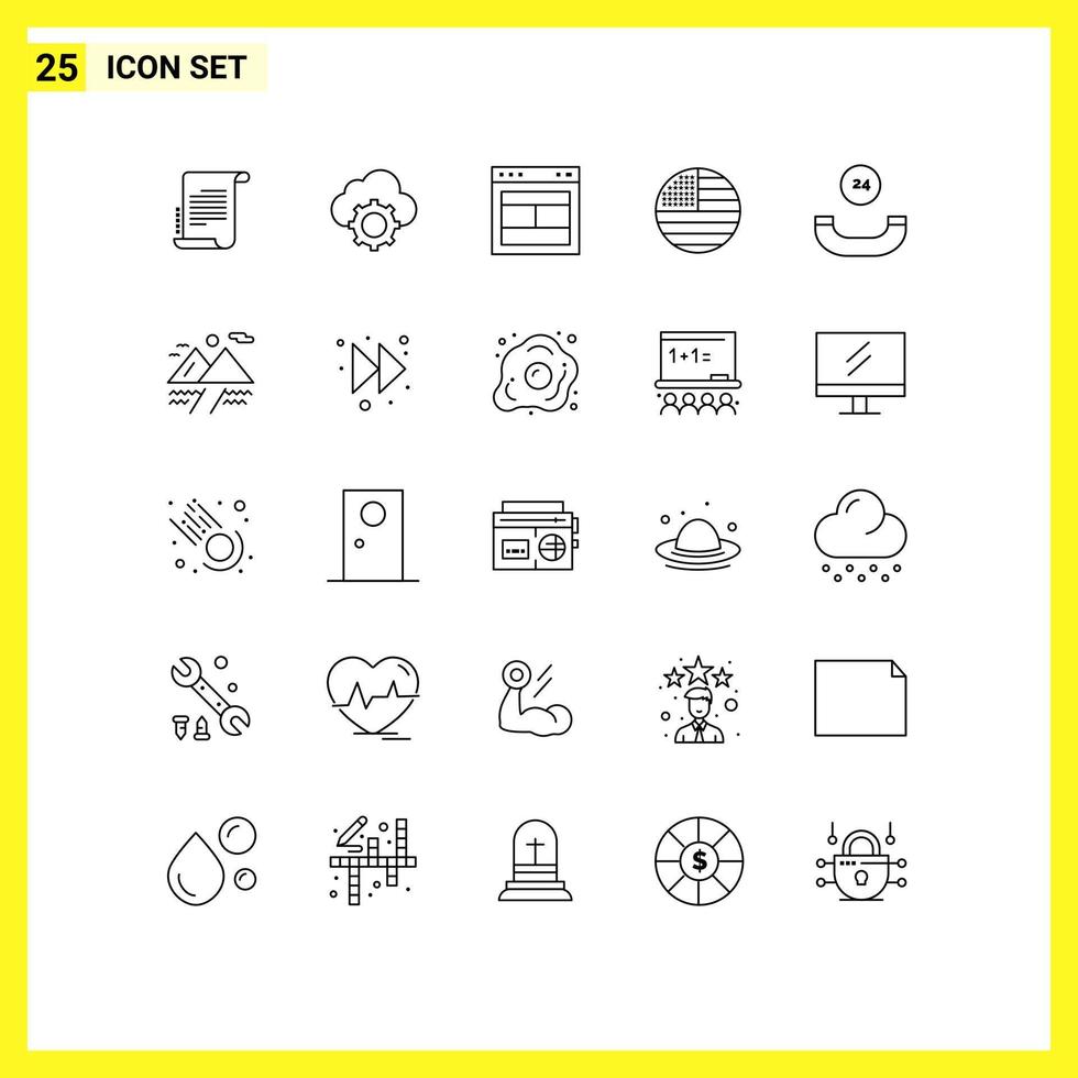 User Interface Pack of 25 Basic Lines of usa flag settings american web Editable Vector Design Elements