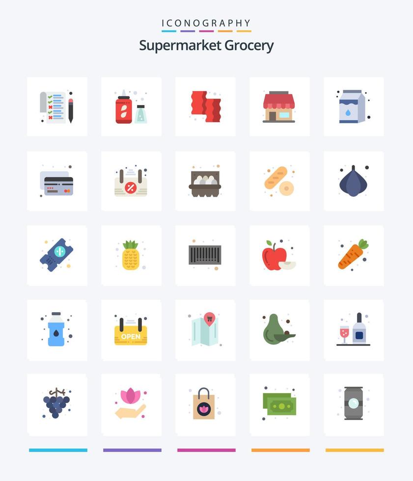 Creative Grocery 25 Flat icon pack  Such As card. package. cooking. milk. store vector
