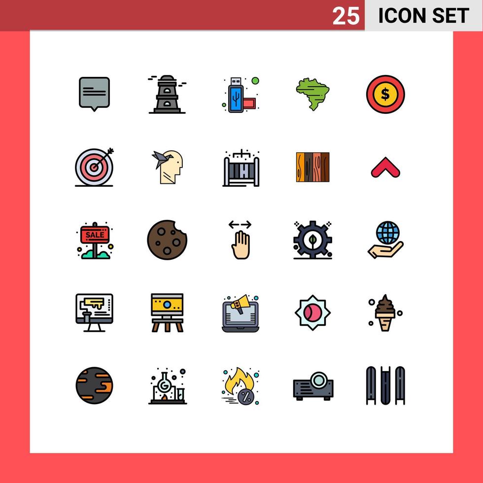 25 Universal Filled line Flat Color Signs Symbols of marketing creative usb global dollar coin Editable Vector Design Elements