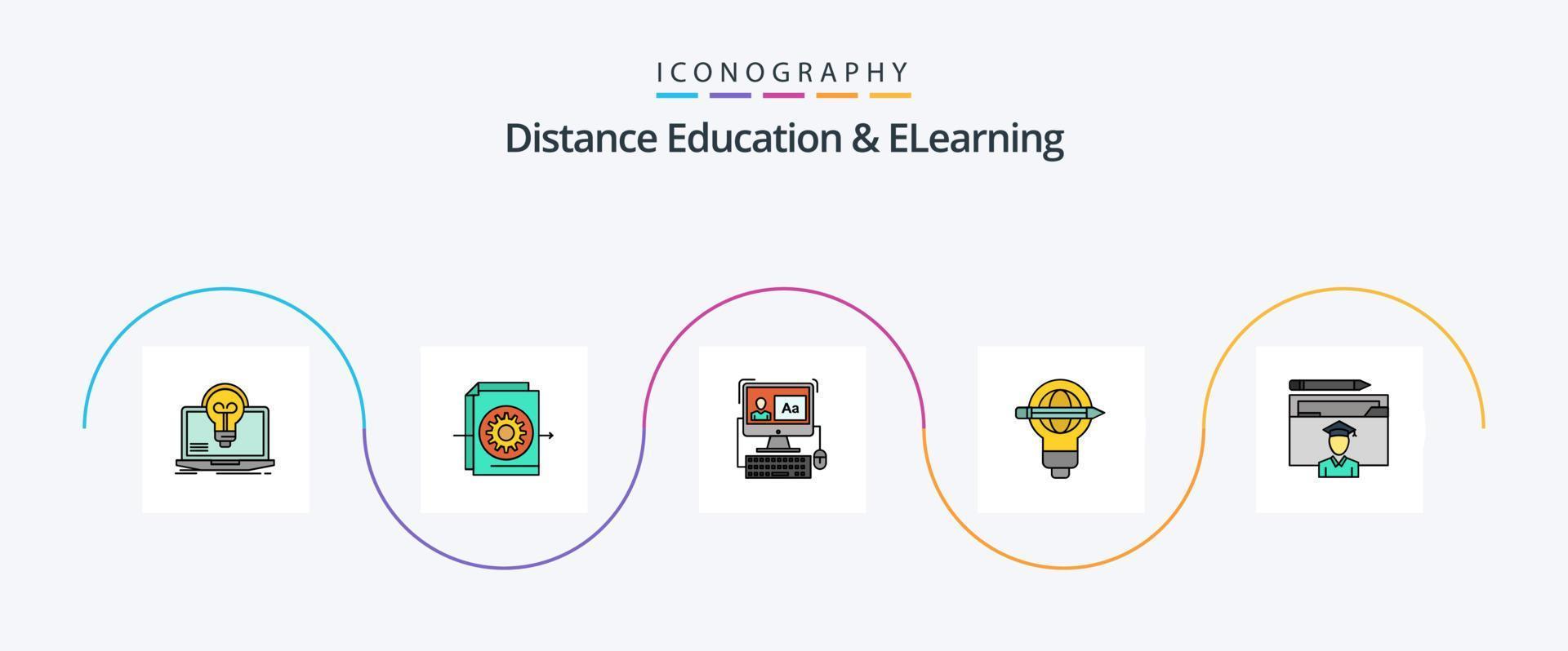 la educación a distancia y la línea de aprendizaje electrónico llenaron el paquete de iconos planos 5 que incluye luz. globo. ajustes. lápiz. edición vector