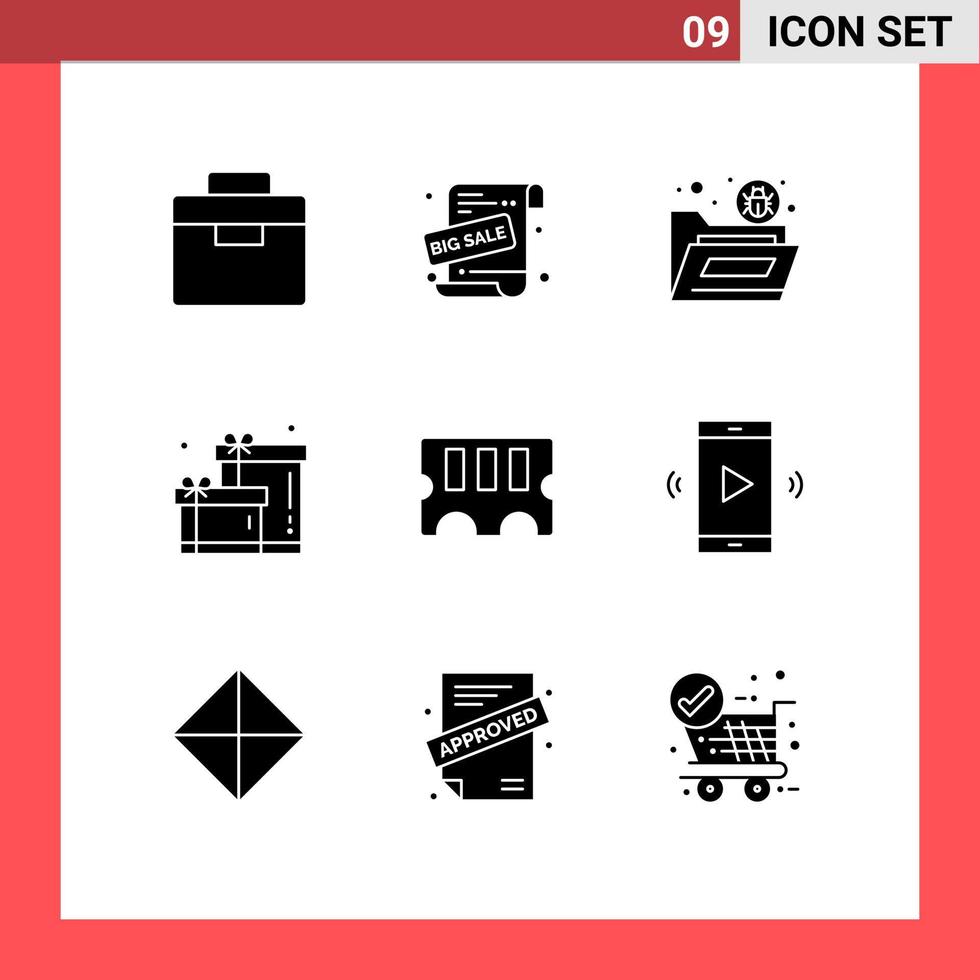 9 User Interface Solid Glyph Pack of modern Signs and Symbols of memory gift bug box virus Editable Vector Design Elements