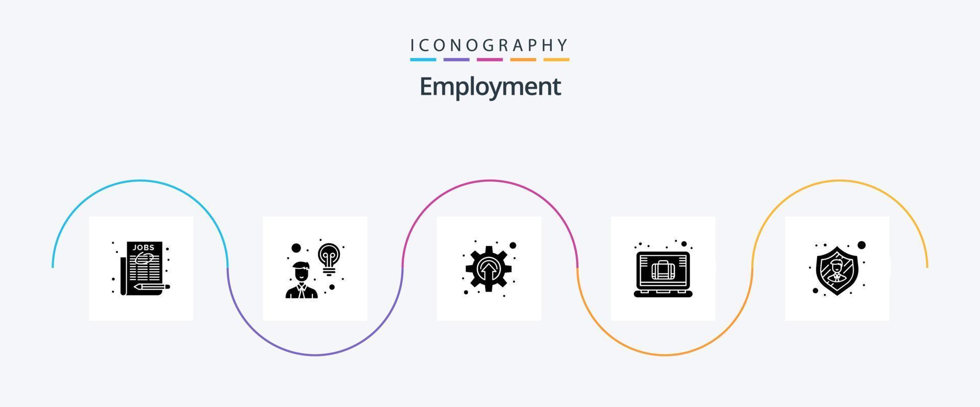 paquete de iconos de glifo de empleo 5 que incluye seguridad. caso de oficina rueda dentada. ordenador portátil. breve vector