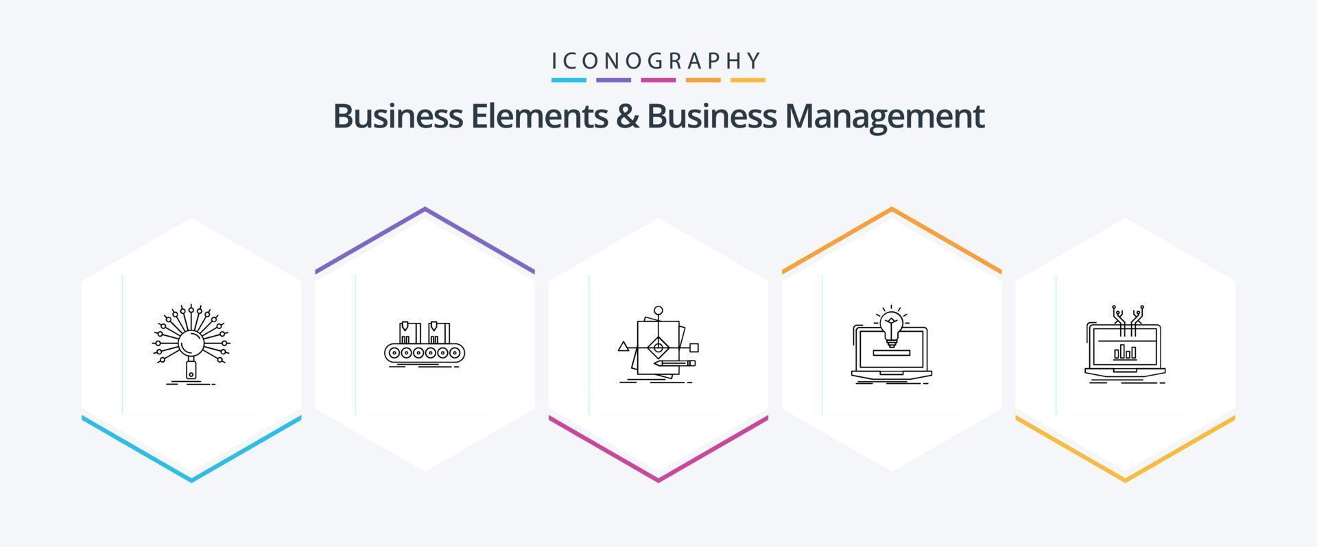 Business Elements And Business Managment 25 Line icon pack including idea. laptop. factory. plan. foretelling vector