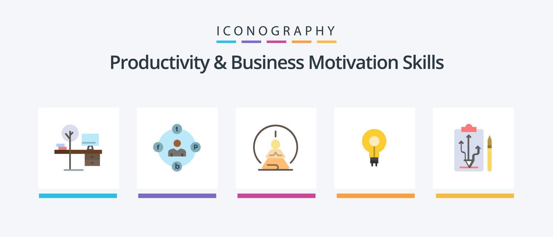 Productivity And Business Motivation Skills Flat 5 Icon Pack Including idea. bulb. media. mind. meditation. Creative Icons Design vector
