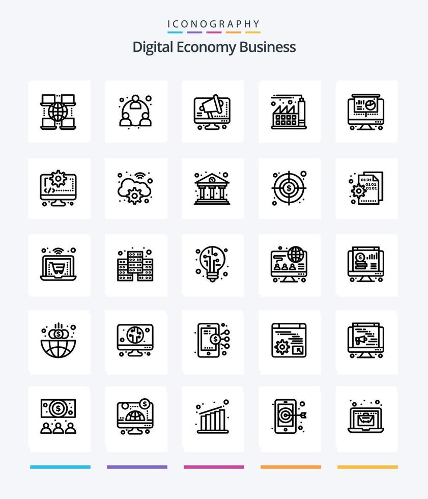 Creative Digital Economy Business 25 OutLine icon pack  Such As computer. projector. conference. computer. factory vector