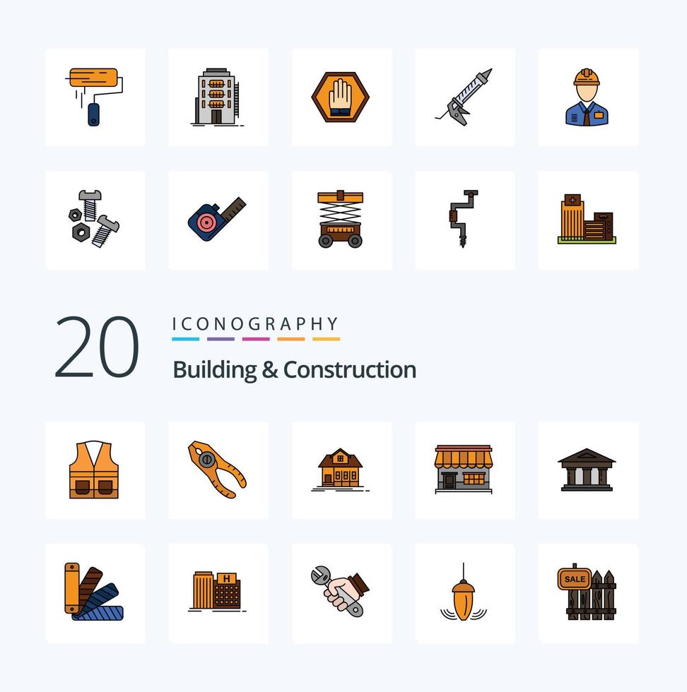 Paquete de 20 iconos de colores llenos de línea de construcción y construcción como tienda de reparación en línea vector