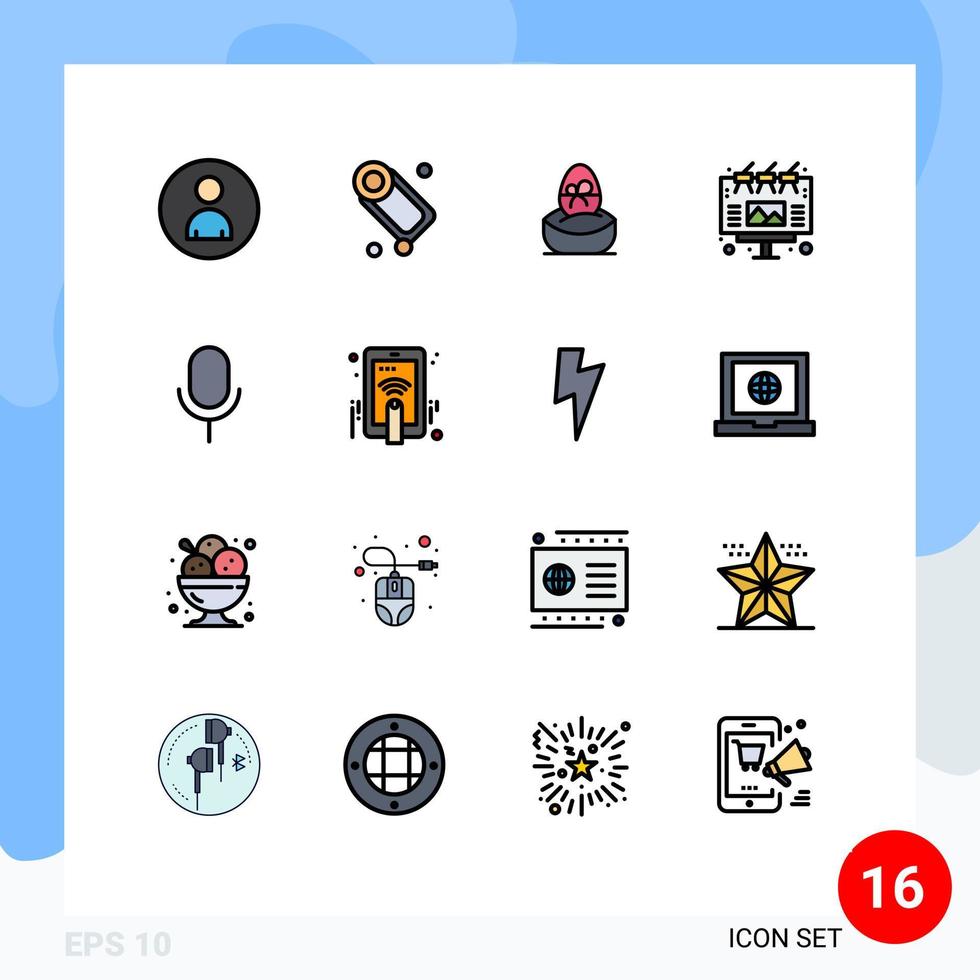 User Interface Pack of 16 Basic Flat Color Filled Lines of mic billboard gift advertising food Editable Creative Vector Design Elements