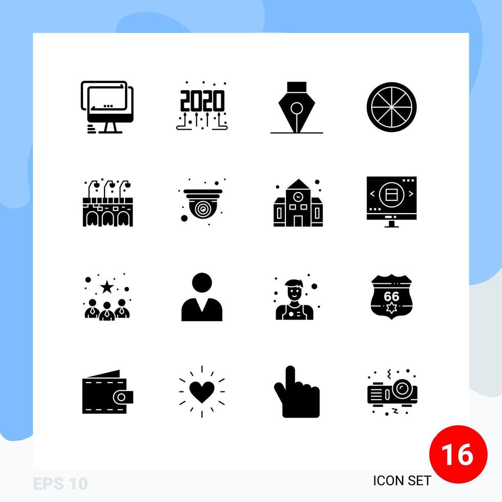 Set of 16 Vector Solid Glyphs on Grid for cam life ink city food Editable Vector Design Elements