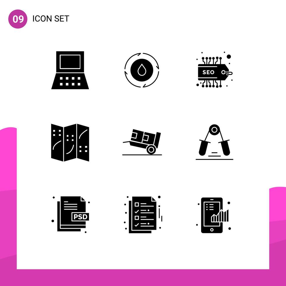 Modern Set of 9 Solid Glyphs and symbols such as grip logistic seo handcart location Editable Vector Design Elements