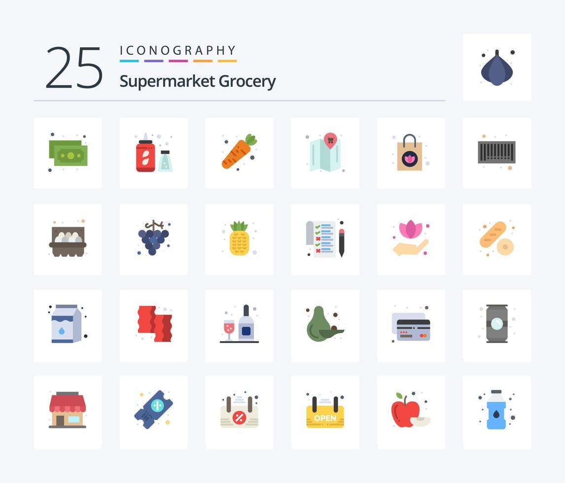 Grocery 25 Flat Color icon pack including code. bar. vegetable. purse. handbag vector