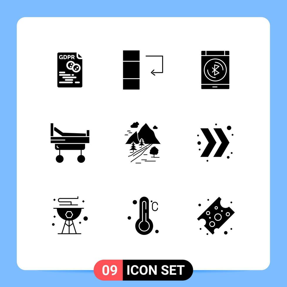 9 Creative Icons Modern Signs and Symbols of hill rocks bluetooth medical bed Editable Vector Design Elements
