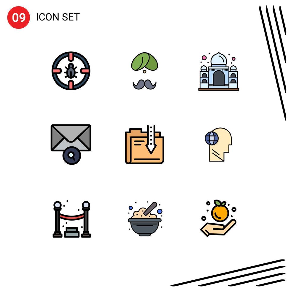 Editable Vector Line Pack of 9 Simple Filledline Flat Colors of message india man taj mahal building Editable Vector Design Elements