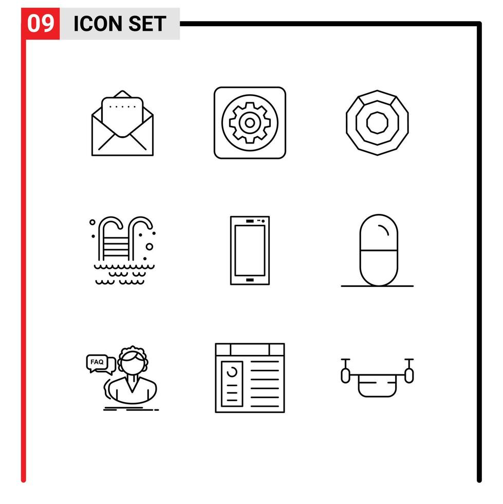 Pictogram Set of 9 Simple Outlines of android smart phone coin phone water Editable Vector Design Elements