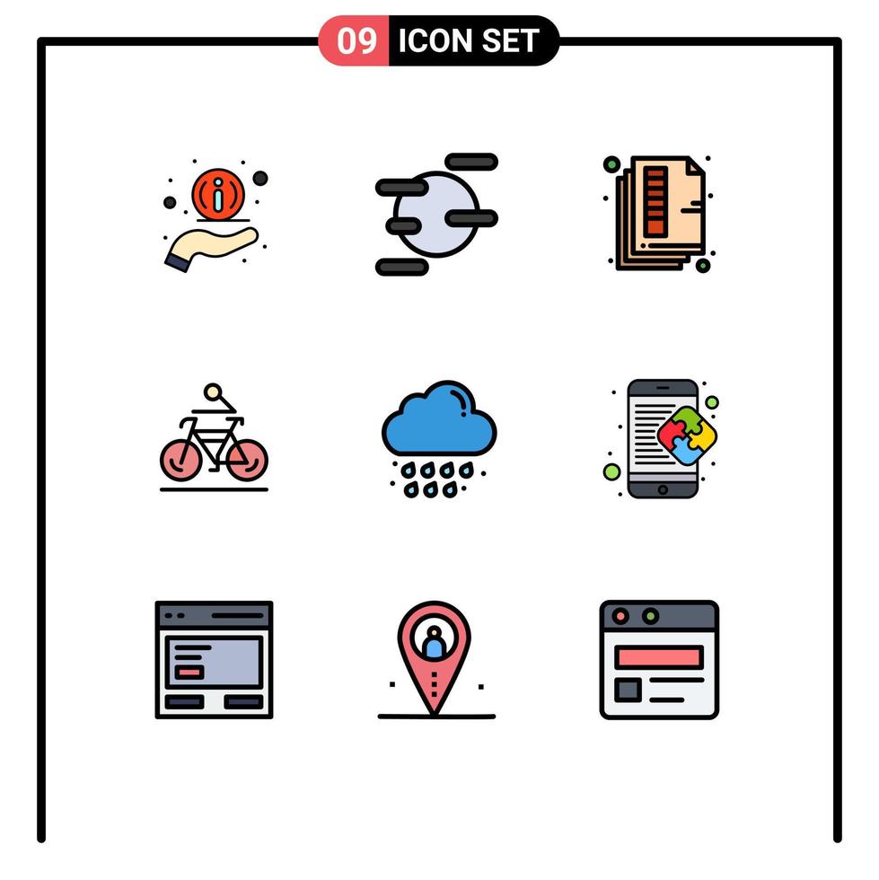 Pack of 9 creative Filledline Flat Colors of drop cycling paper biking bicycle Editable Vector Design Elements