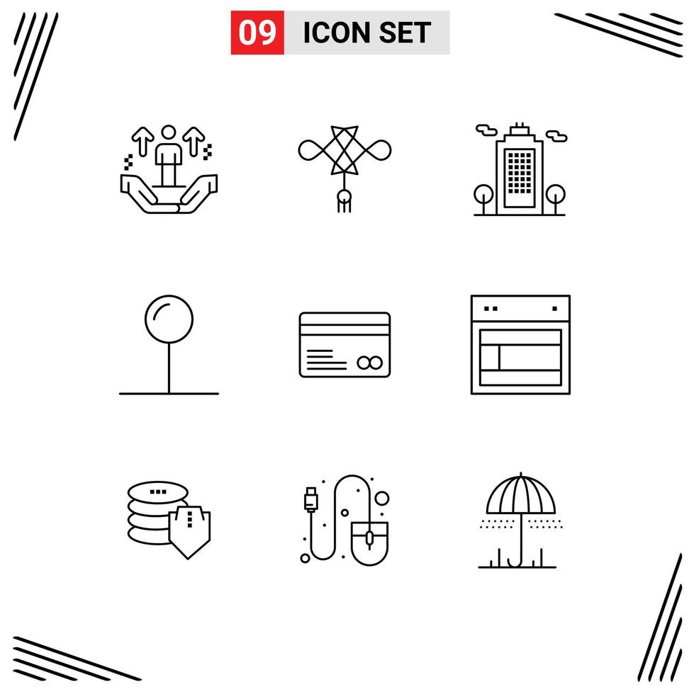 Pictogram Set of 9 Simple Outlines of credit card pointer decoration pin environment Editable Vector Design Elements