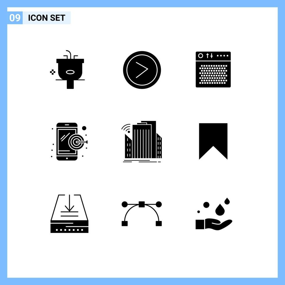 Modern Set of 9 Solid Glyphs Pictograph of buildings digital marketing user dartboard multimedia Editable Vector Design Elements