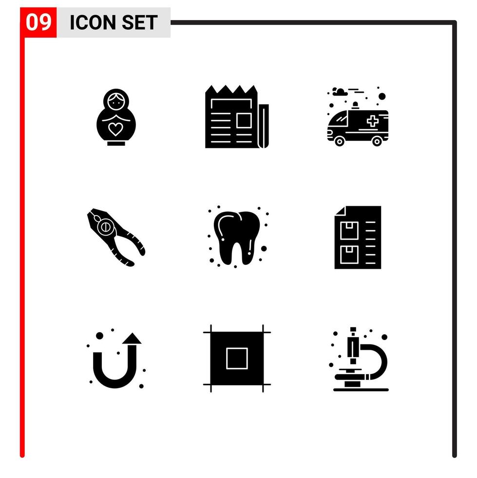Modern Set of 9 Solid Glyphs and symbols such as dental repair paper tongs pincers Editable Vector Design Elements