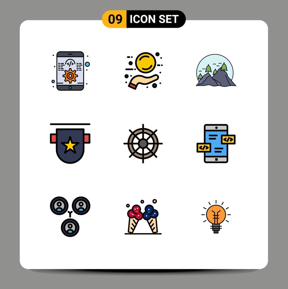 9 Universal Filledline Flat Colors Set for Web and Mobile Applications stamp insignia hill badges sun Editable Vector Design Elements