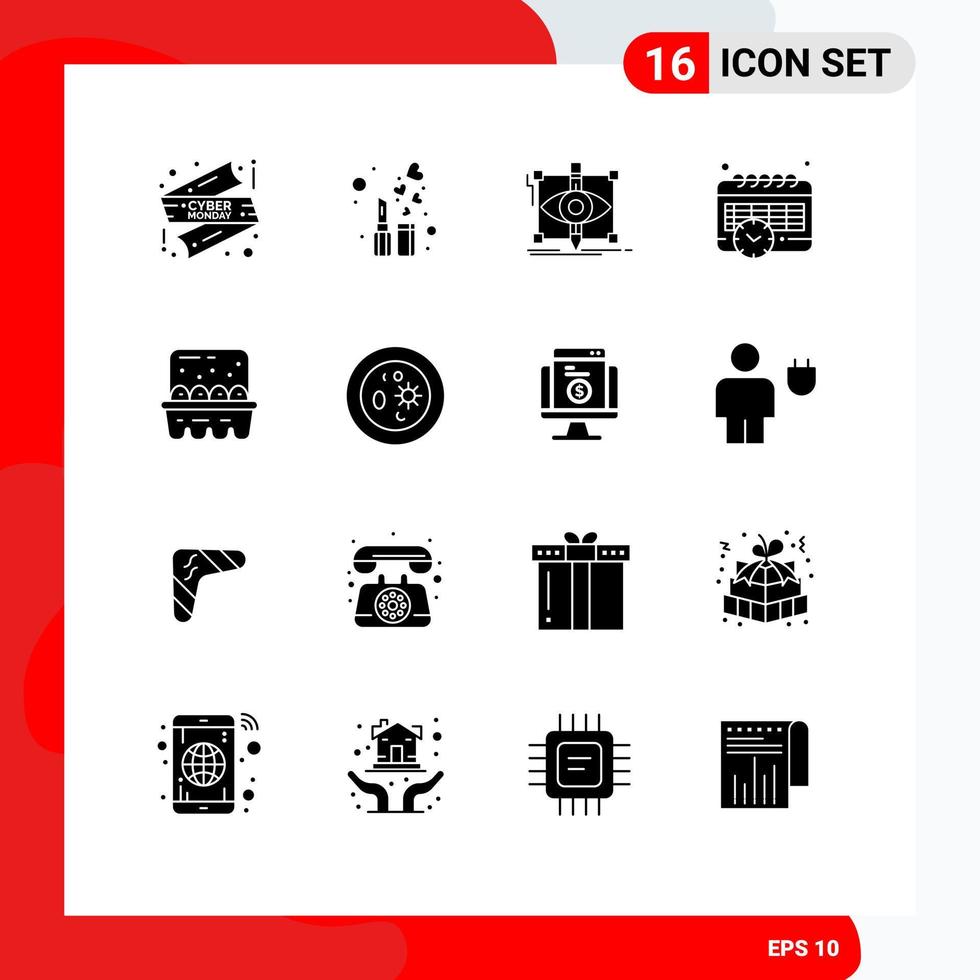 16 glifos sólidos universales establecidos para aplicaciones web y móviles programación de diseño de tiempo de cocción elementos de diseño vectorial editables visuales vector