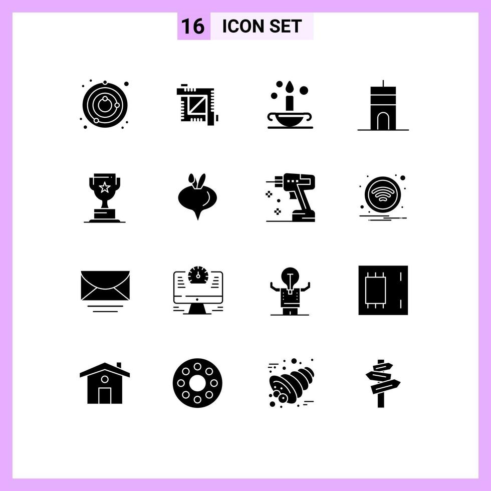 Mobile Interface Solid Glyph Set of 16 Pictograms of cup tower aladdin signal antenna Editable Vector Design Elements
